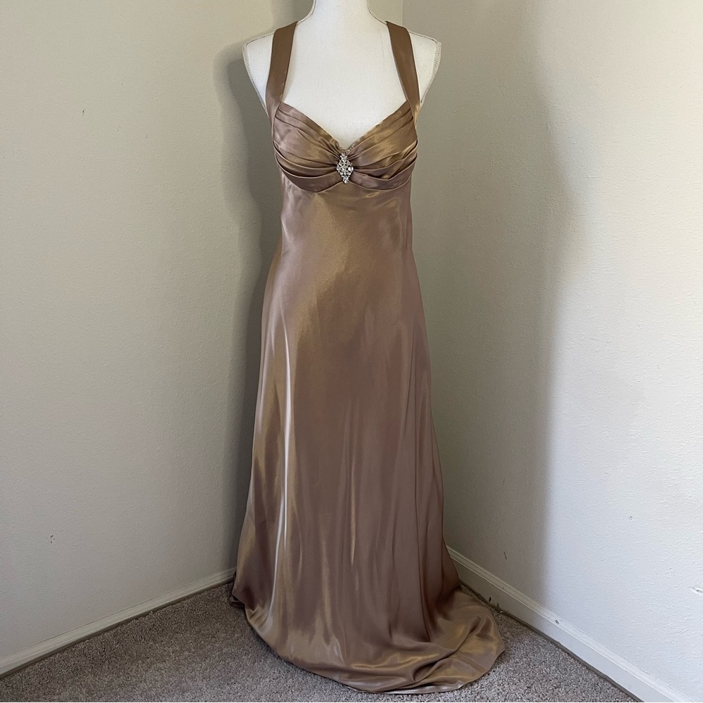 Xscape Gold Satin Cross Back Formal Dress